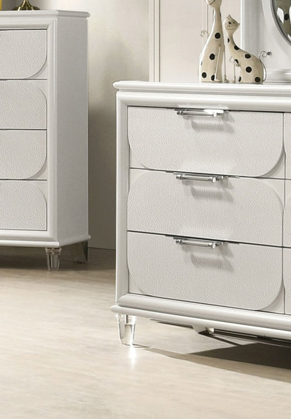 English Elm Contemporary Glam Acrylic-Handled 6-Drawer Dresser with Embossed Panels, Felt-Lined Jewelry Drawer White 57 L x 20 W x 35 H B2741P353128