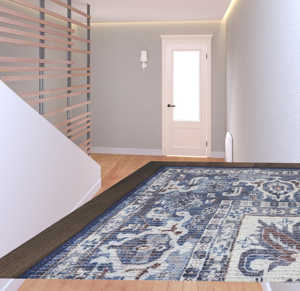 Homeroots 8' Blue And Ivory Floral Power Loom Distressed Washable Runner Rug  Cotton Blend 533109