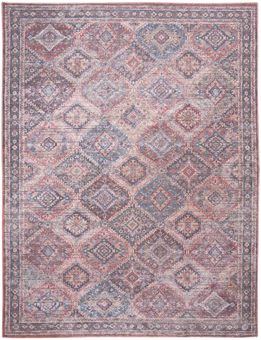 Homeroots 8' X 10' Blue And Red Floral Power Loom Distressed Washable Area Rug  Cotton Blend 533119