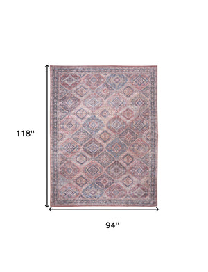 Homeroots 8' X 10' Blue And Red Floral Power Loom Distressed Washable Area Rug  Cotton Blend 533119