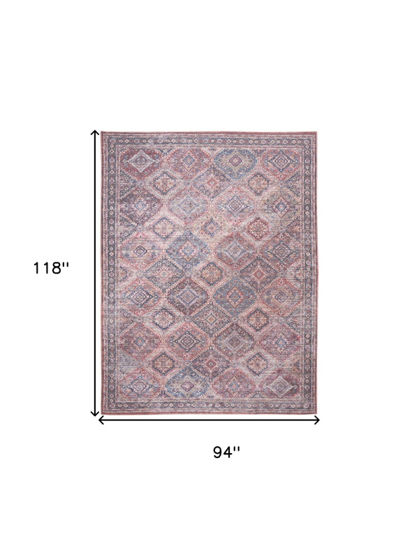 Homeroots 8' X 10' Blue And Red Floral Power Loom Distressed Washable Area Rug  Cotton Blend 533119