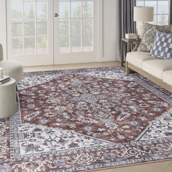 HomeRoots 9' X 12' Floral Power Loom Distressed Washable Area Rug for Timeless Elegance in Any Room Red, Ivory 533123