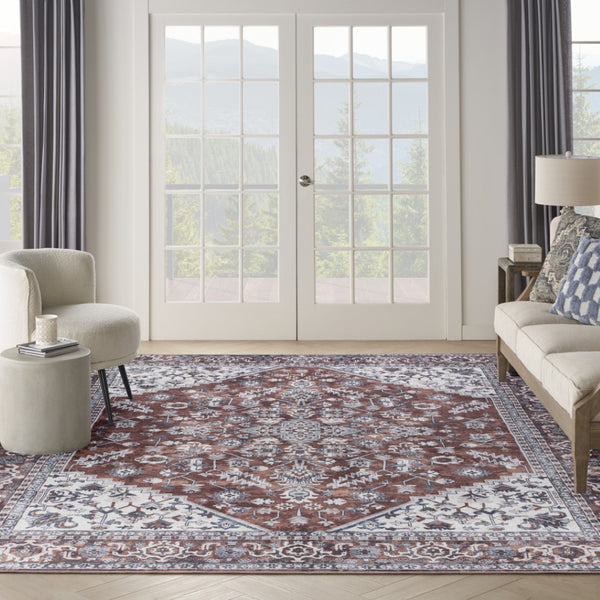 HomeRoots 9' X 12' Floral Power Loom Distressed Washable Area Rug for Timeless Elegance in Any Room Red, Ivory 533123