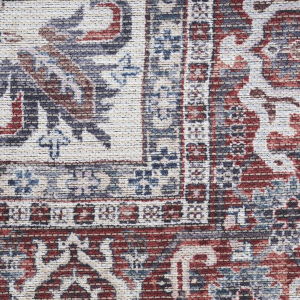 HomeRoots 9' X 12' Floral Power Loom Distressed Washable Area Rug for Timeless Elegance in Any Room Red, Ivory 533123