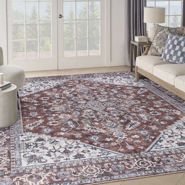 Homeroots 9' X 12' Red And Ivory Floral Power Loom Distressed Washable Area Rug  Cotton Blend 533123