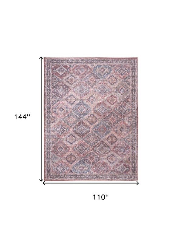 Homeroots 9' X 12' Blue And Red Floral Power Loom Distressed Washable Area Rug  Cotton Blend 533125