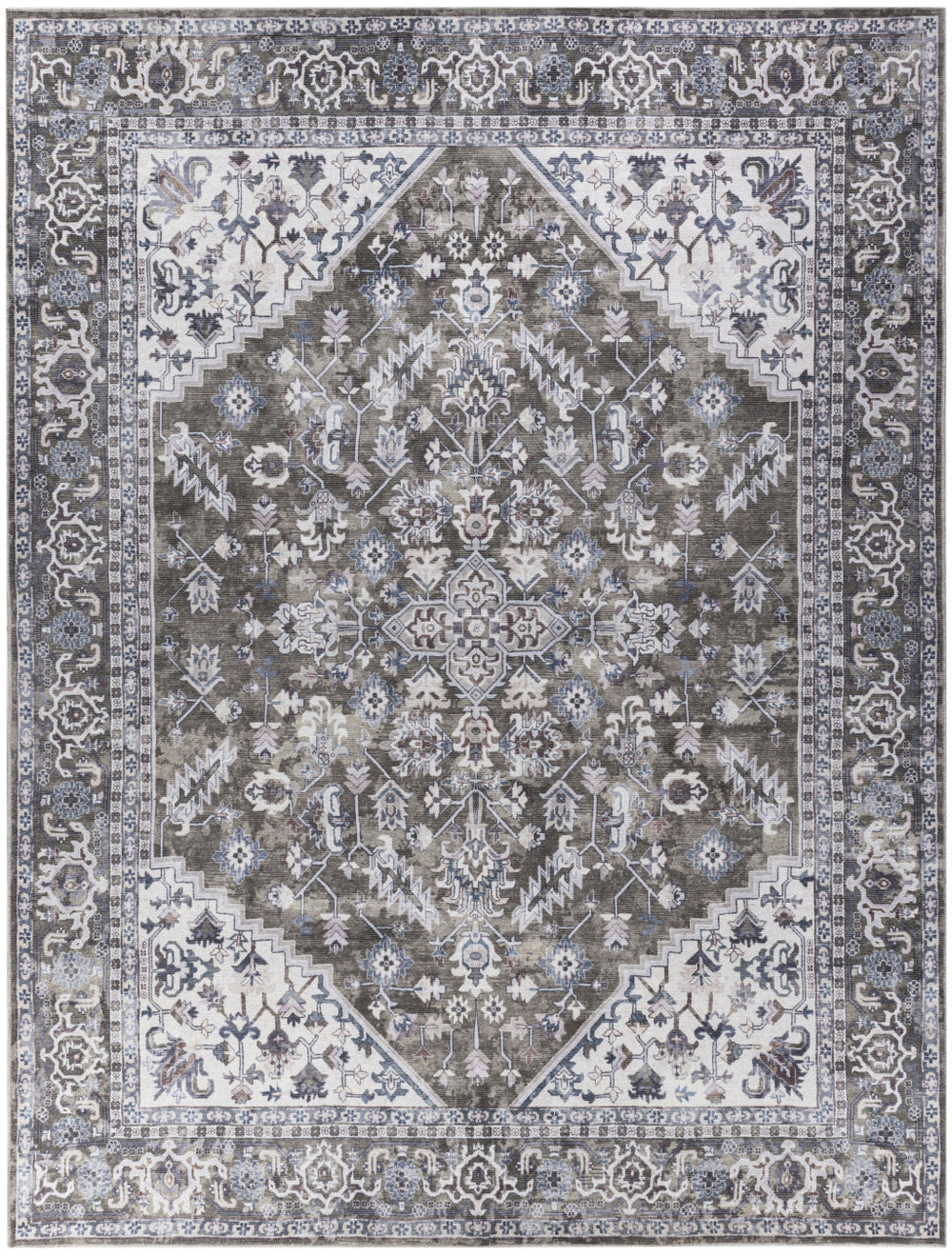 Homeroots 9' X 12' Green And Ivory Floral Power Loom Distressed Washable Area Rug  Cotton Blend 533127