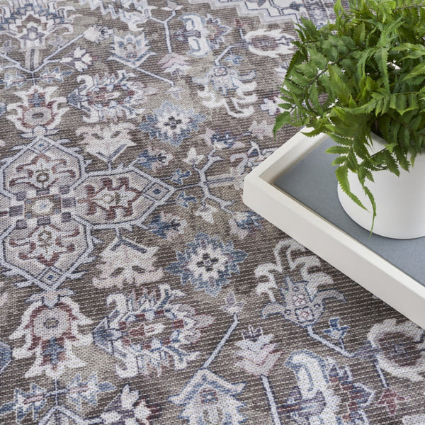 HomeRoots 9' X 12' Floral Power Loom Distressed Washable Area Rug for Timeless Elegance in Any Room Green, Ivory 533127