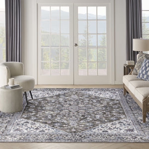 HomeRoots 9' X 12' Floral Power Loom Distressed Washable Area Rug for Timeless Elegance in Any Room Green, Ivory 533127