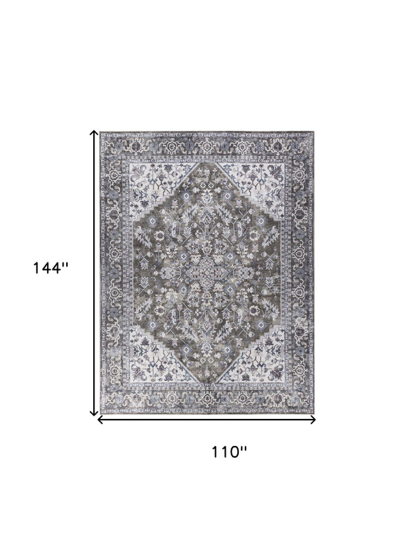 Homeroots 9' X 12' Green And Ivory Floral Power Loom Distressed Washable Area Rug  Cotton Blend 533127