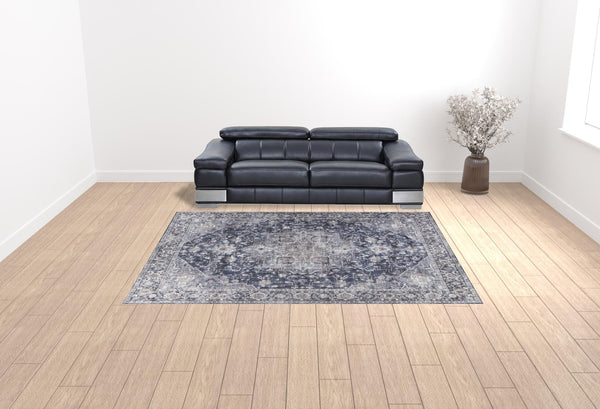 Homeroots 9' X 12' Blue And Ivory Floral Power Loom Distressed Washable Area Rug  Cotton Blend 533129