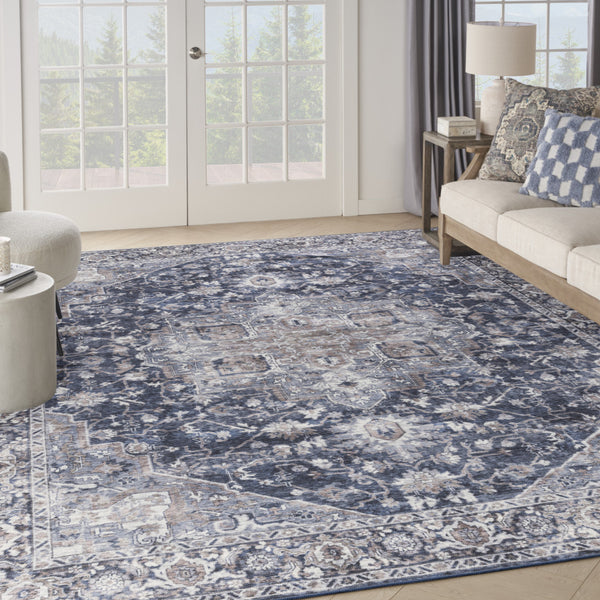 Homeroots 9' X 12' Blue And Ivory Floral Power Loom Distressed Washable Area Rug  Cotton Blend 533129