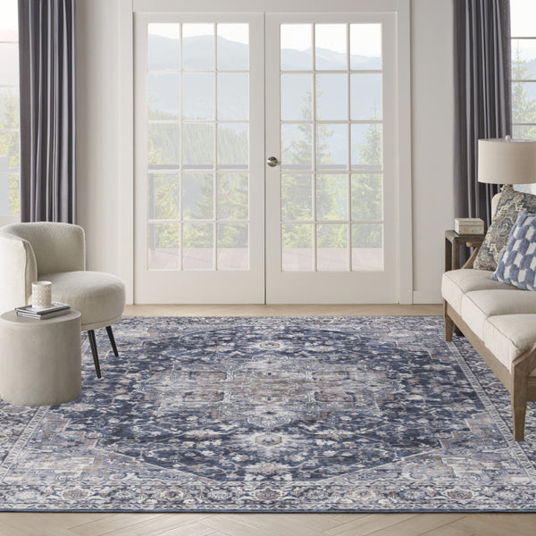 Homeroots 9' X 12' Blue And Ivory Floral Power Loom Distressed Washable Area Rug  Cotton Blend 533129