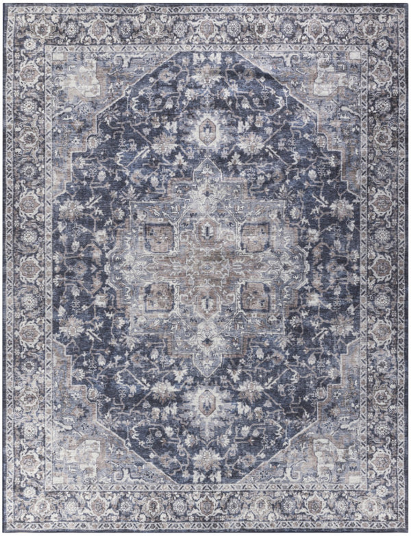 HomeRoots 9' X 12' Floral Power Loomed Area Rug - Distressed Washable Design for Elegant, Easy Care Living Spaces Blue, Ivory 533129