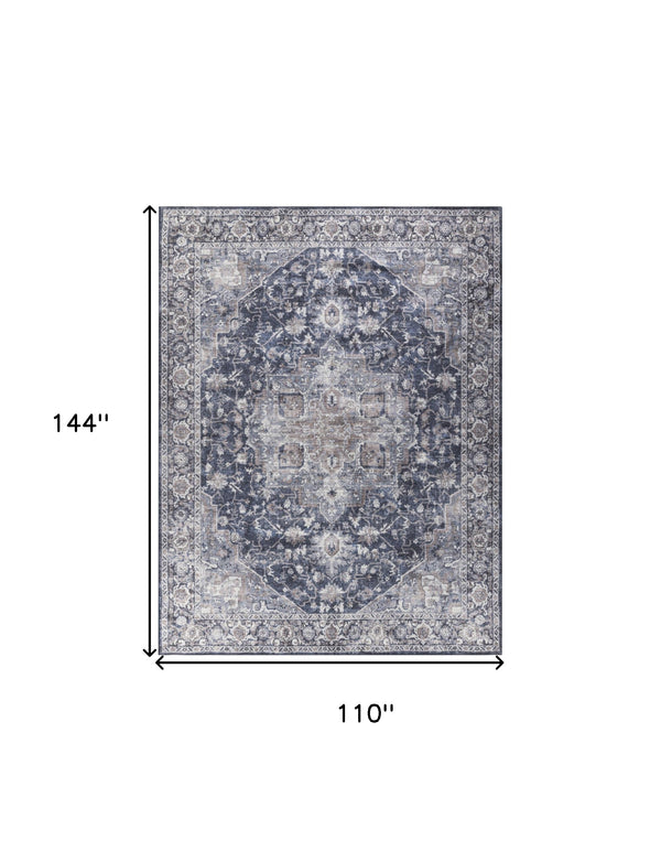 Homeroots 9' X 12' Blue And Ivory Floral Power Loom Distressed Washable Area Rug  Cotton Blend 533129
