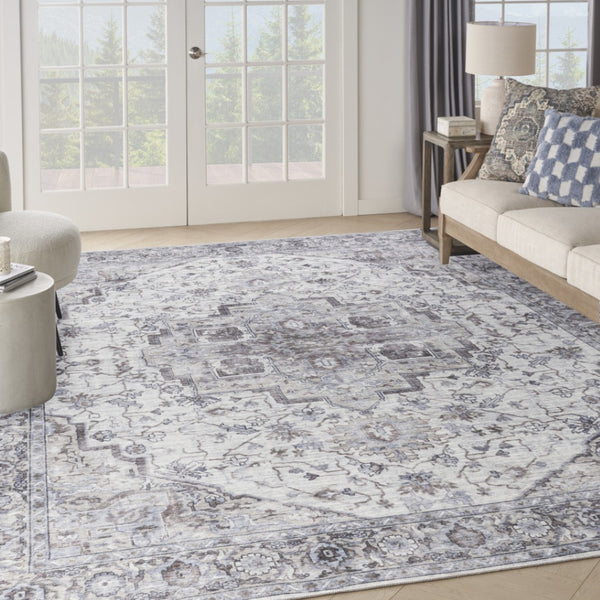 HomeRoots 9' X 12' Floral Power Loomed Area Rug - Distressed Washable Design for Elegant, Easy Care Living Spaces Beige, Ivory 533131
