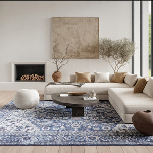 HomeRoots 9' X 12' Floral Power Loom Distressed Washable Area Rug for Timeless Elegance in Any Room Blue, Ivory 533133