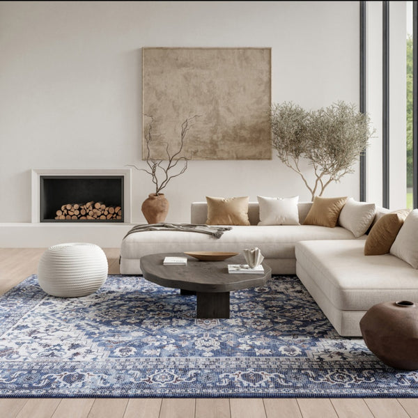 HomeRoots 9' X 12' Floral Power Loom Distressed Washable Area Rug for Timeless Elegance in Any Room Blue, Ivory 533133