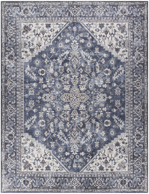 HomeRoots 9' X 12' Floral Power Loom Distressed Washable Area Rug for Timeless Elegance in Any Room Blue, Ivory 533133