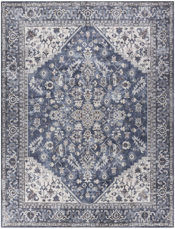 HomeRoots 9' X 12' Floral Power Loom Distressed Washable Area Rug for Timeless Elegance in Any Room Blue, Ivory 533133