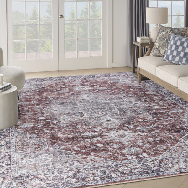 HomeRoots 9' X 12' Floral Power Loomed Area Rug - Distressed Washable Design for Elegant, Easy Care Living Spaces Red, Ivory 533135