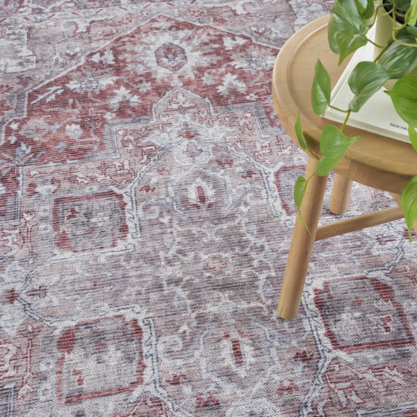 HomeRoots 9' X 12' Floral Power Loomed Area Rug - Distressed Washable Design for Elegant, Easy Care Living Spaces Red, Ivory 533135