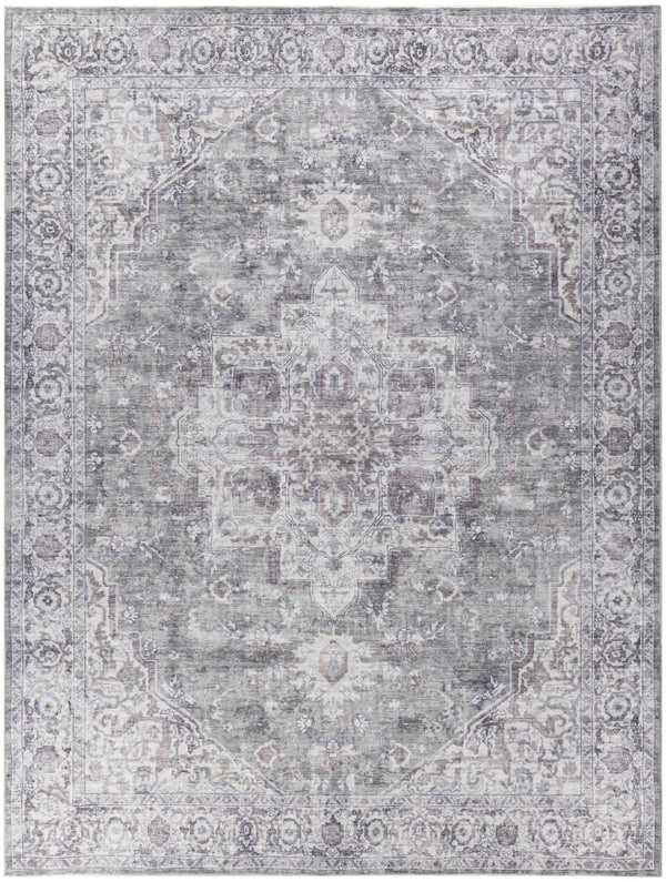 Homeroots 9' X 12' Gray And Ivory Floral Power Loom Distressed Washable Area Rug  Cotton Blend 533137
