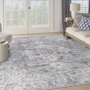 Homeroots 9' X 12' Gray And Ivory Floral Power Loom Distressed Washable Area Rug  Cotton Blend 533137