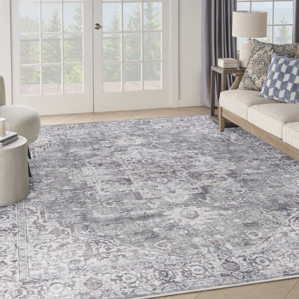 Homeroots 9' X 12' Gray And Ivory Floral Power Loom Distressed Washable Area Rug  Cotton Blend 533137