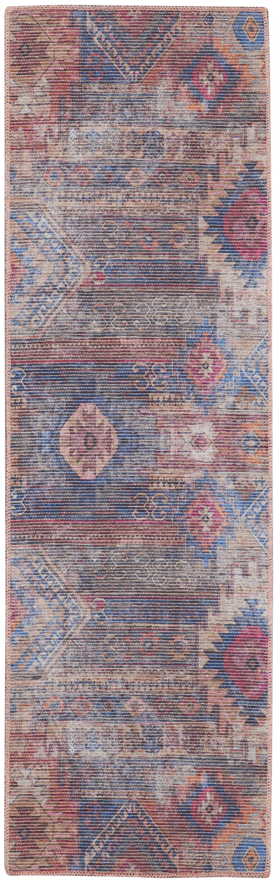 Homeroots 10' Blue And Red Geometric Power Loom Distressed Washable Runner Rug  Cotton Blend 533139