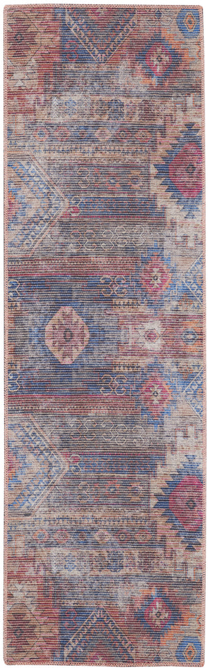 Homeroots 10' Blue And Red Geometric Power Loom Distressed Washable Runner Rug  Cotton Blend 533139