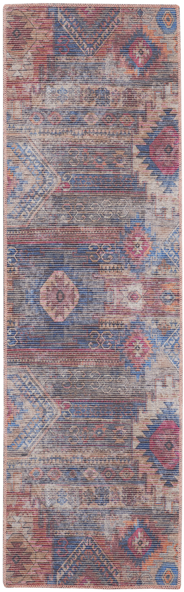 Homeroots 10' Blue And Red Geometric Power Loom Distressed Washable Runner Rug  Cotton Blend 533139