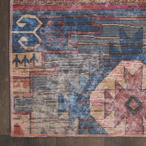 Homeroots 10' Blue And Red Geometric Power Loom Distressed Washable Runner Rug  Cotton Blend 533139