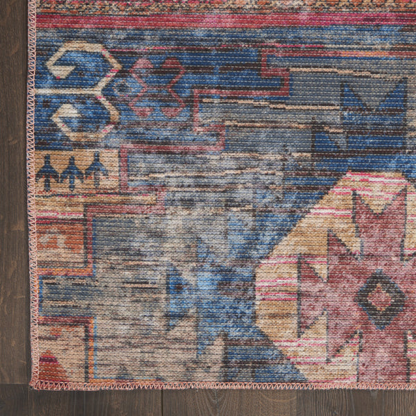 Homeroots 10' Blue And Red Geometric Power Loom Distressed Washable Runner Rug  Cotton Blend 533139