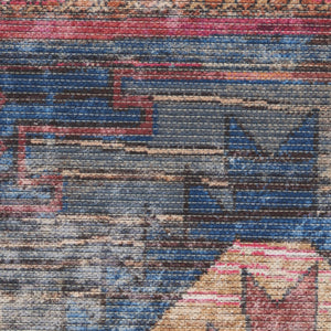 Homeroots 10' Blue And Red Geometric Power Loom Distressed Washable Runner Rug  Cotton Blend 533139
