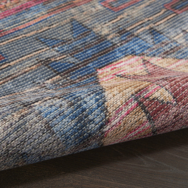 Homeroots 10' Blue And Red Geometric Power Loom Distressed Washable Runner Rug  Cotton Blend 533139