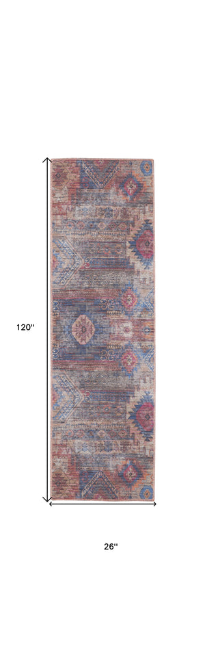 Homeroots 10' Blue And Red Geometric Power Loom Distressed Washable Runner Rug  Cotton Blend 533139