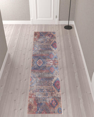 Homeroots 10' Blue And Red Geometric Power Loom Distressed Washable Runner Rug  Cotton Blend 533139