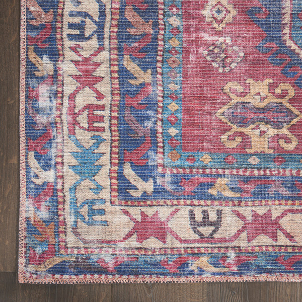 Homeroots 8' X 10' Blue And Red Geometric Power Loom Distressed Washable Area Rug  Cotton Blend 533145