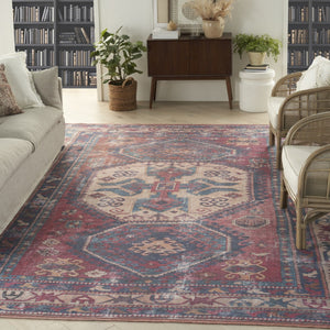 HomeRoots 5' Southwestern Area Rug with Distressed Medallion Design in Rich Red and Navy for Boho Charm 8' X 10' 533145