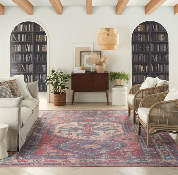 Homeroots 8' X 10' Blue And Red Geometric Power Loom Distressed Washable Area Rug  Cotton Blend 533145