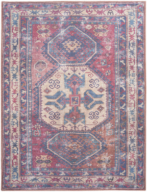 Homeroots 9' X 12' Blue And Red Geometric Power Loom Distressed Washable Area Rug  Cotton Blend 533149
