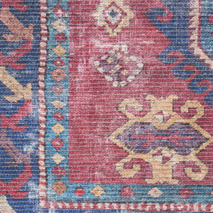 Homeroots 9' X 12' Blue And Red Geometric Power Loom Distressed Washable Area Rug  Cotton Blend 533149