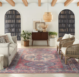 Homeroots 9' X 12' Blue And Red Geometric Power Loom Distressed Washable Area Rug  Cotton Blend 533149