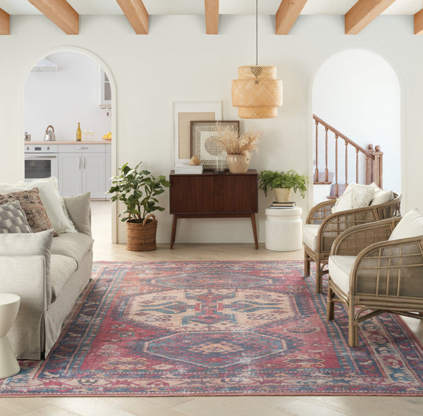 Homeroots 9' X 12' Blue And Red Geometric Power Loom Distressed Washable Area Rug  Cotton Blend 533149