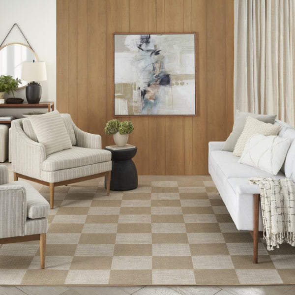 HomeRoots 8' Natural and Ivory Geometric Area Rug - Power Loomed, Washable, Non-Skid for Modern Elegance 8' X 10' 533151
