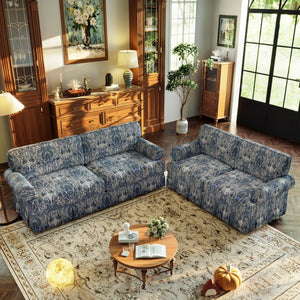 English Elm Luxuriously Deep Chenille Sofa with Pleated Skirt and Rolled Arms for Living Rooms Blue Floral W1885S00295
