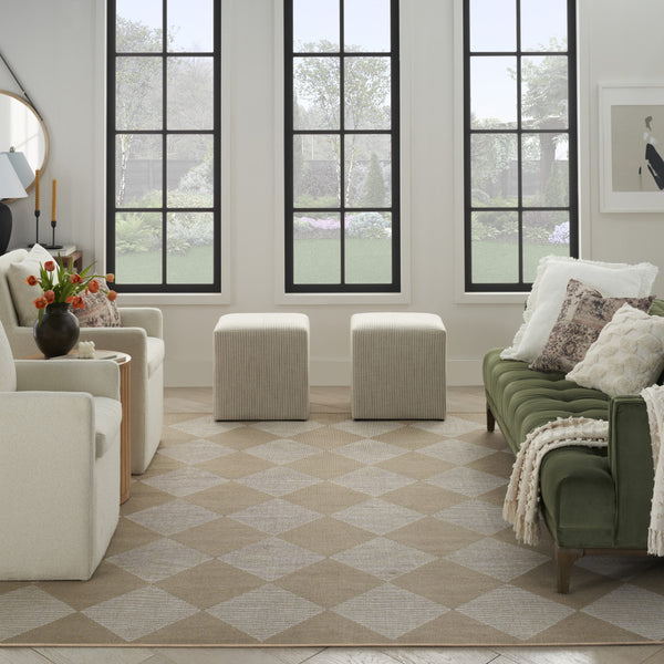 Homeroots 8' X 10' Natural And Ivory Geometric Power Loom Washable Non Skid Area Rug  Cotton Blend 533158