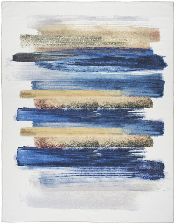 Homeroots 5' X 7' Ivory And Blue Abstract Power Loom Washable Non Skid Area Rug  Cotton Blend 533168