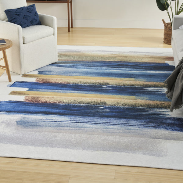 Homeroots 5' X 7' Ivory And Blue Abstract Power Loom Washable Non Skid Area Rug  Cotton Blend 533168